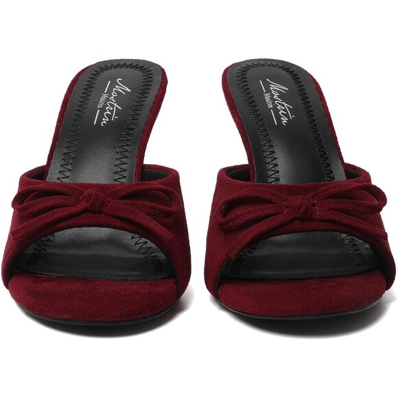 Women's Burgundy Suede Round Toe Heels With Bow Vintage Mules Sexy Slip on - Picture 5 of 9